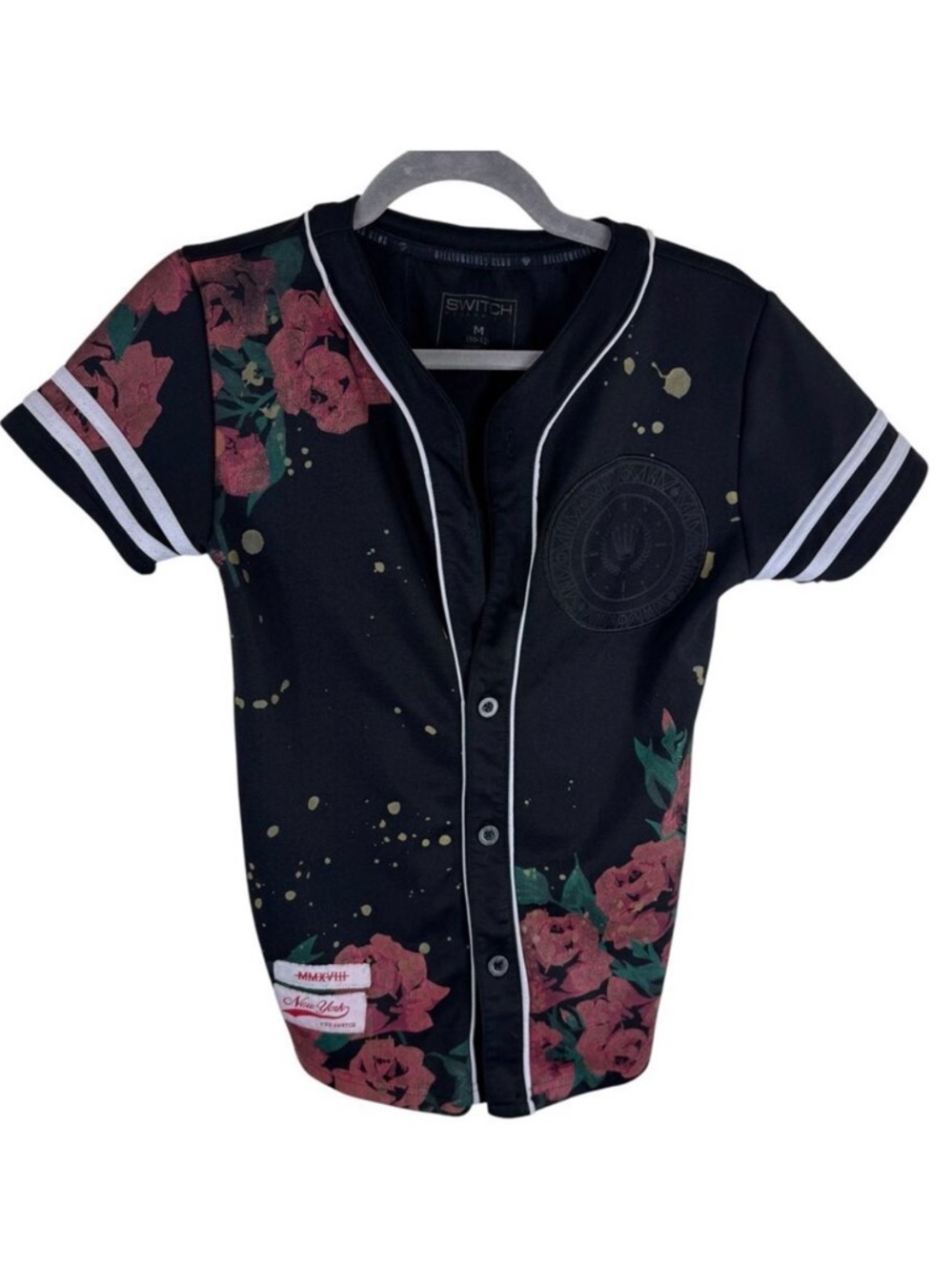Switch Remarkable Billionaires Club Metallic Gold Roses Button Up Baseball Top M